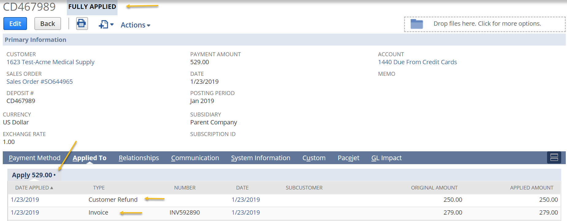 Invoice and customer refund applied to customer deposit