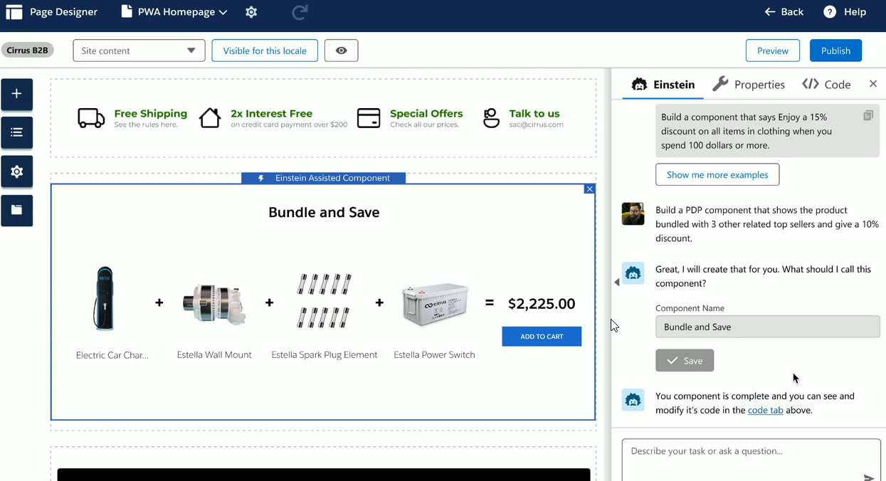 Salesforce Commerce Cloud Business Manager Page Designer tool showing the creation of a component using natural language with generative AI