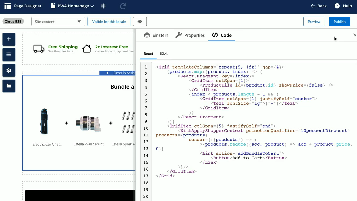 Salesforce Commerce Cloud B2C Business Manager Page Designer tool showing React code created by generative AI