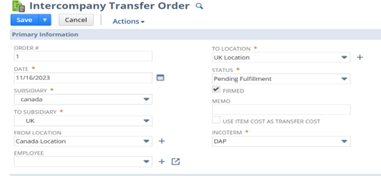 Figure 1: Create an Intercompany Transfer Order.