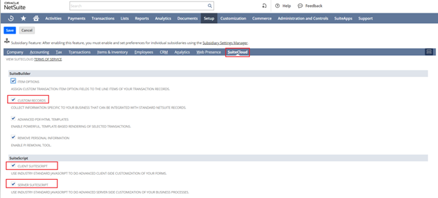 Enabling Company Feature Options in SuiteCloud: Client SuiteScript, Server SuiteScript, and Custom Records