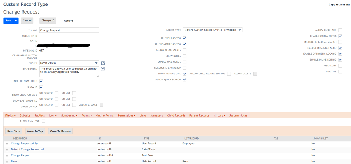 Custom Record Type in Change Request in NetSuite