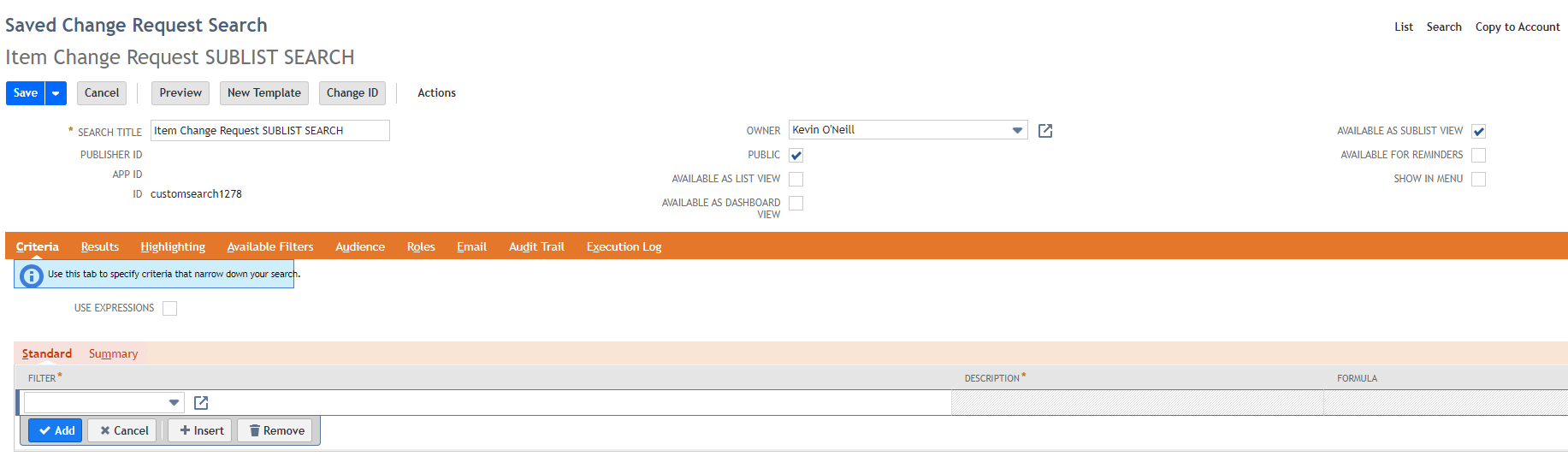 Item Change Request sublist saved search