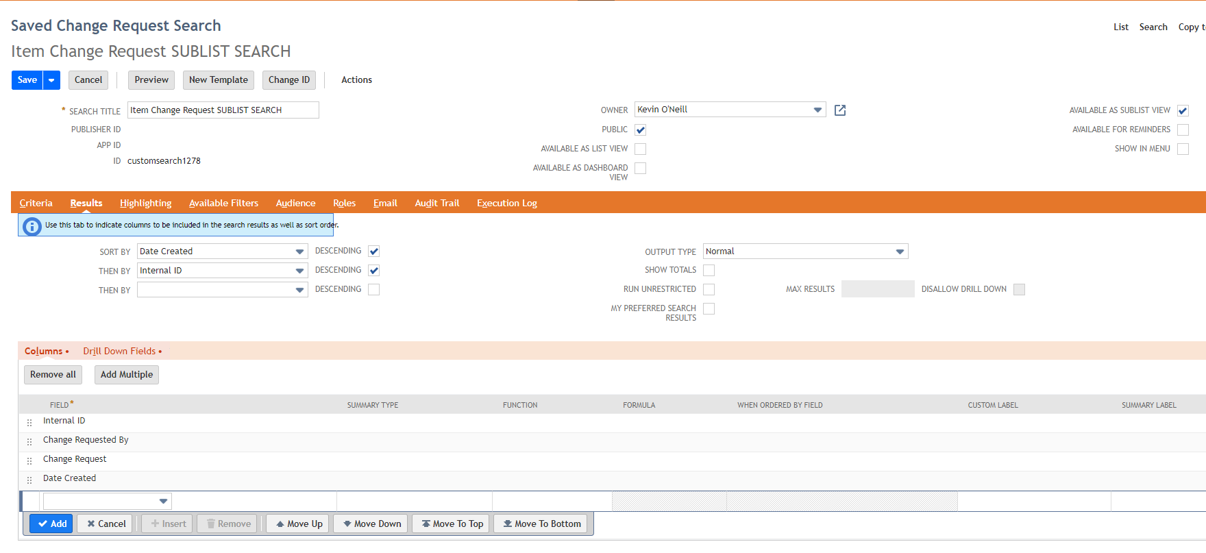 Subtab of item Change Request sublist saved search results in NetSuite