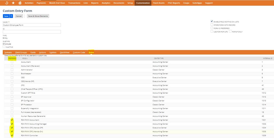 Roles subtab for custom employee form in NetSuite