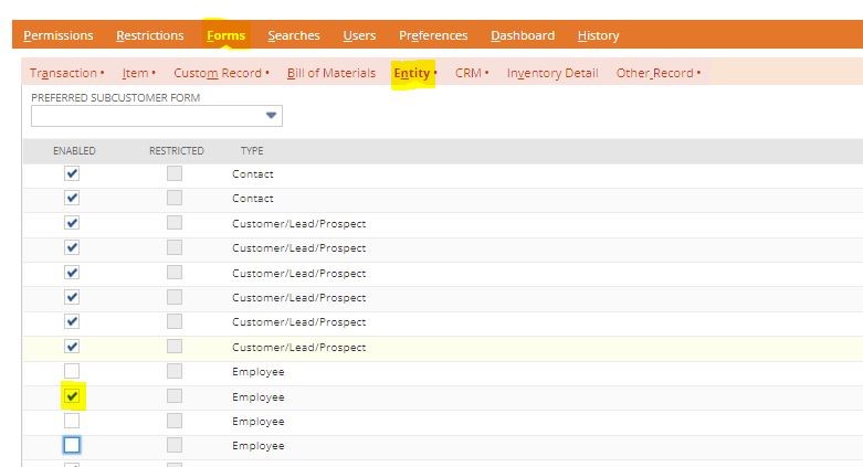 Disabling employee forms and enabling custom forms in NetSuite