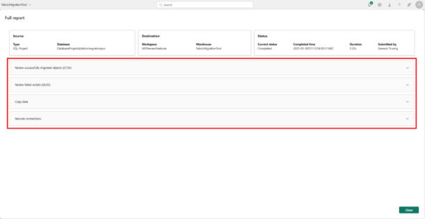 The migration happens effortlessly and provides a detailed report on migrated items