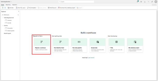 Picture of the 'Migrate a warehouse' option in Fabric Warehouse.