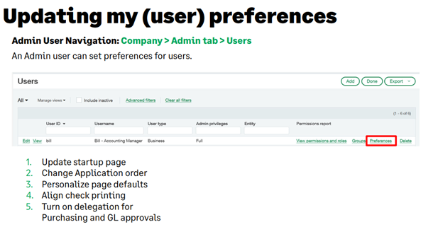Updating user preferences in Sage Intacct