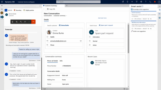 Screenshot of Microsoft Dynamics 365 Customer Service workspace showing a live voice call with a customer named Emma Burke. The interface includes the customer summary, conversation transcript, contact details, case status, and Smart Assist panel with knowledge article suggestions. The conversation involves a spare part request for item AL123.