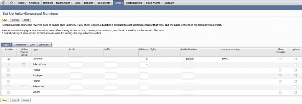 Customize your auto-generated number scheme in this screen.