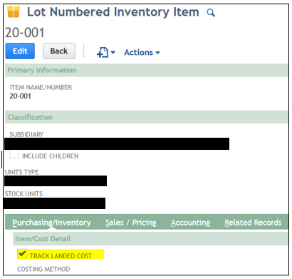 Track landed cost on the purchasing/inventory subtab