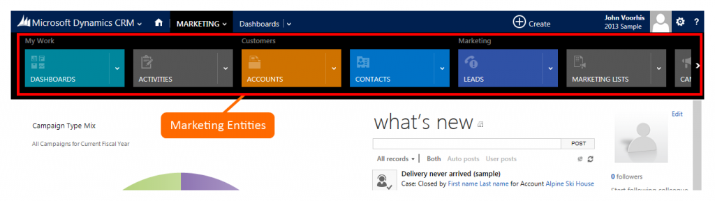 3. Dynamics CRM 2013: Navigation bar - Marketing entities displayed 3. Dynamics CRM 2013: Navigation bar - Marketing entities displayed